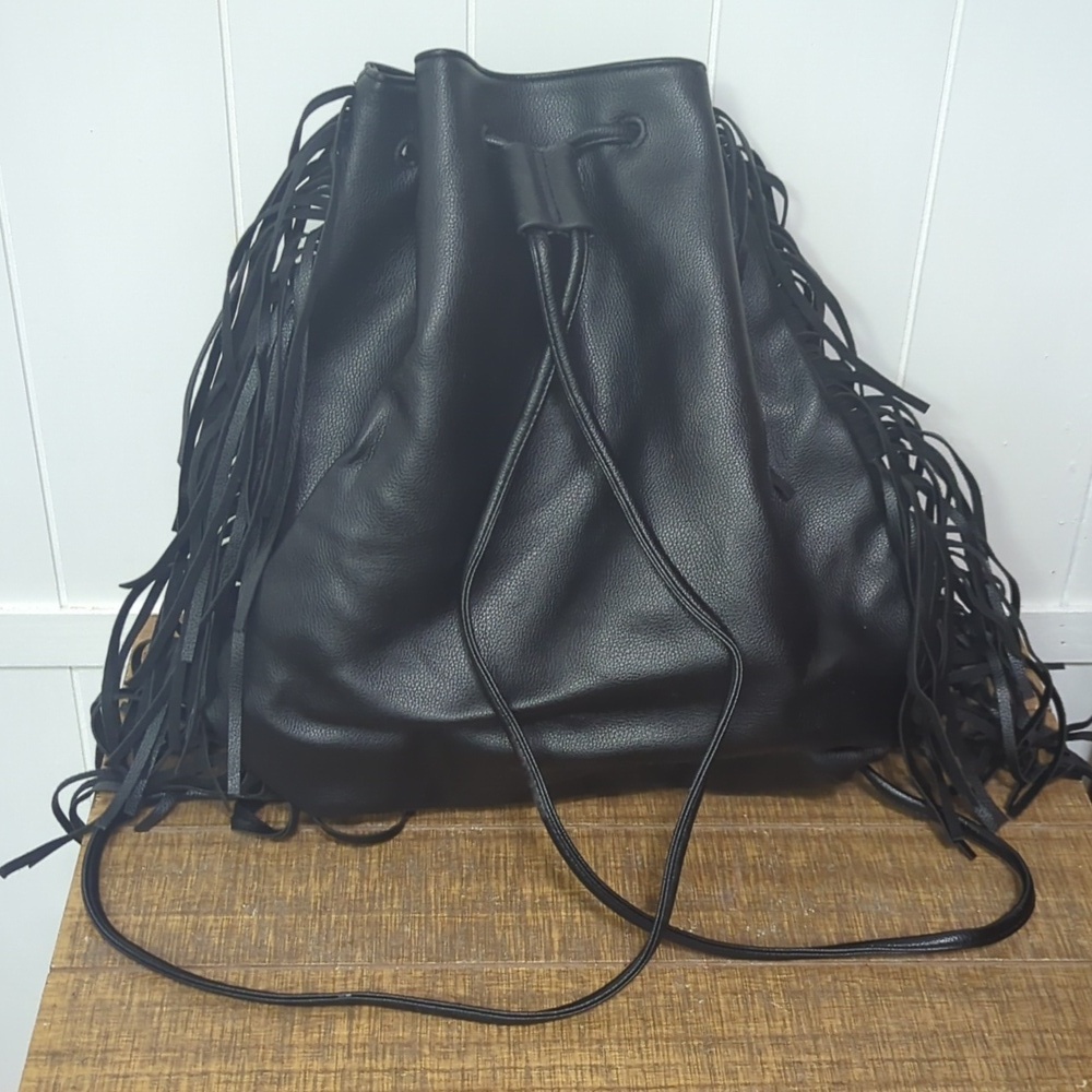Like New Victoria's Secret Black Drawstring Tassle Bag Purse - Picture 4 of 8